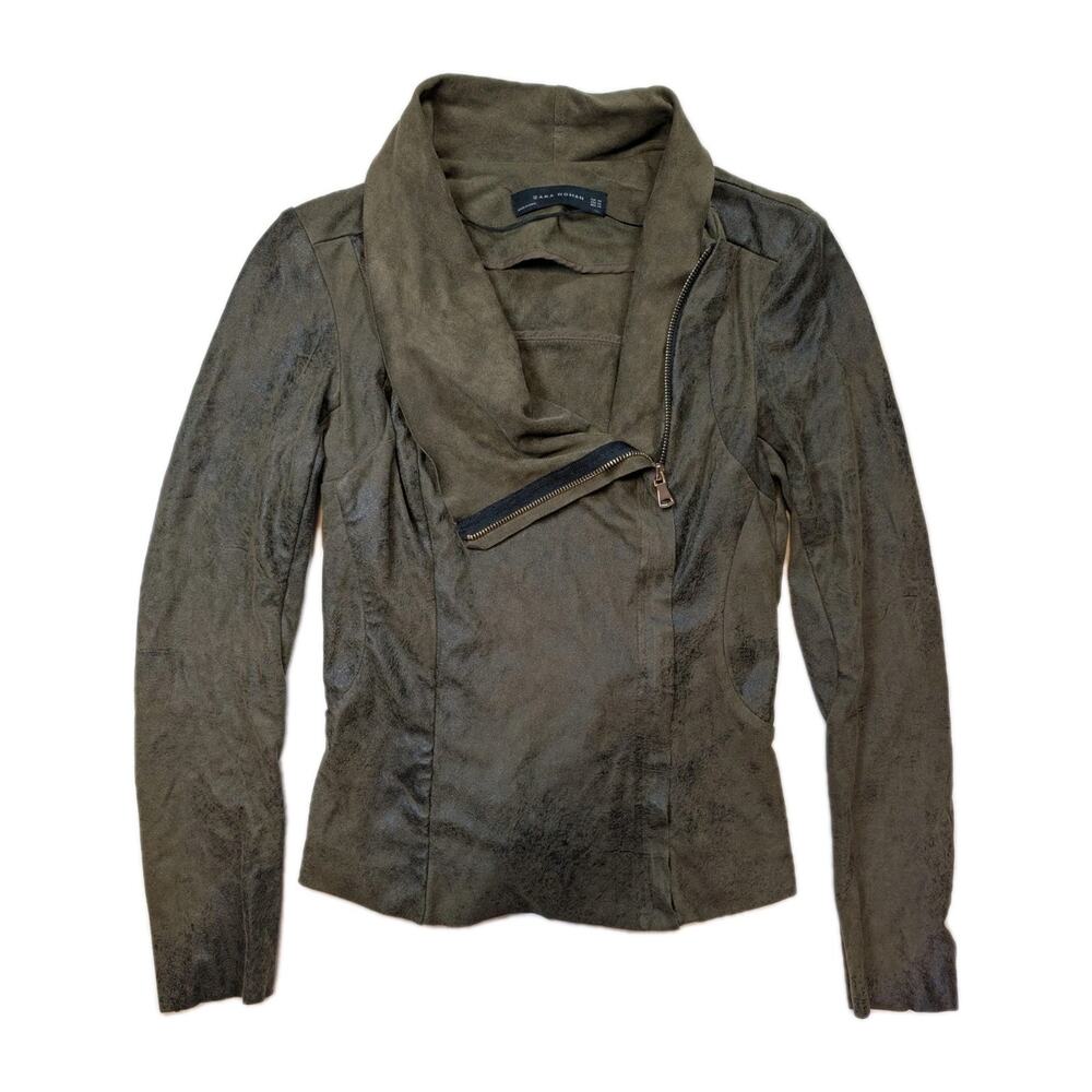 Zara Woman Faux Suede Moto Jacket Womens XS Olive Asymmetrical Zip